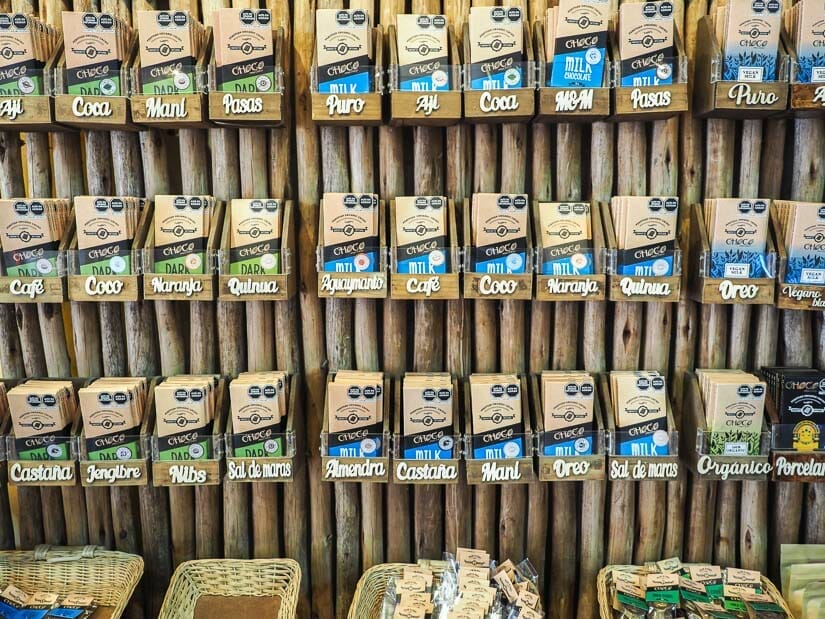 Rows of chocolate bars on the wall for sale