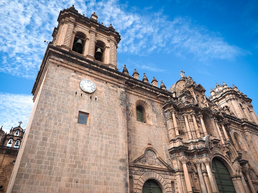 Side view of Cusco Cathedral's clock and bell tower