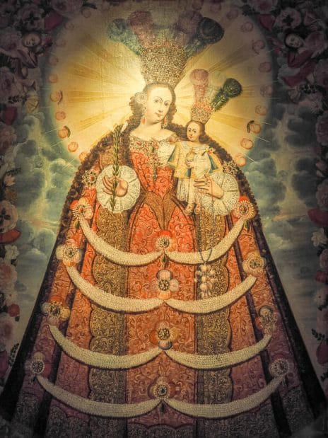 Cusco School painting of Virgin Mary with baby Jesus