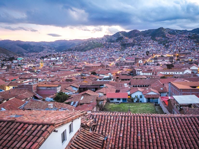 Rooftops of Cusco viewed from the hill in San Blas around sunset