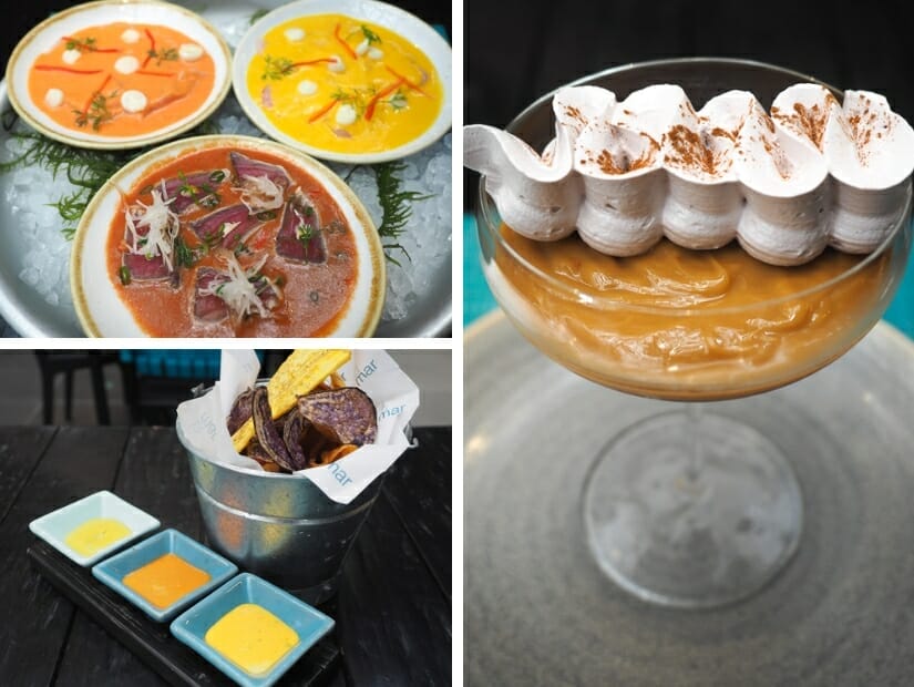 A collage of dishes and dessert at La Mar restaurant in Lima