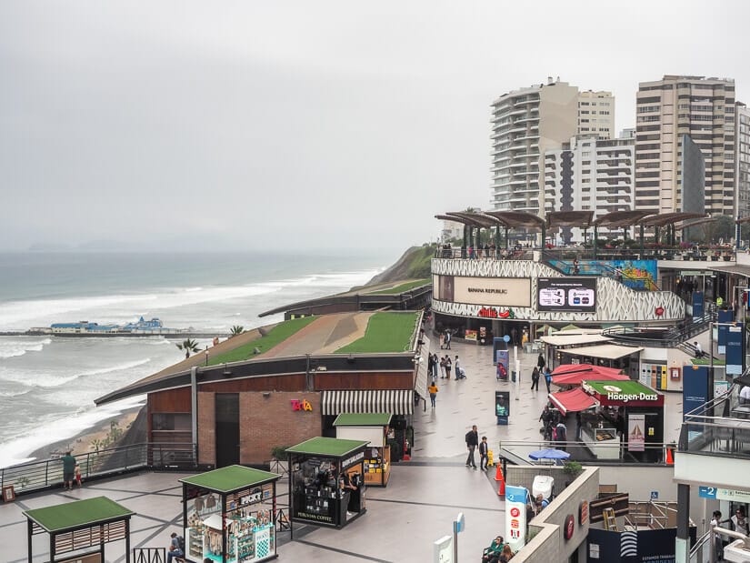 Larcomar open air shopping mall overlooking the sea with buildings in backgroun