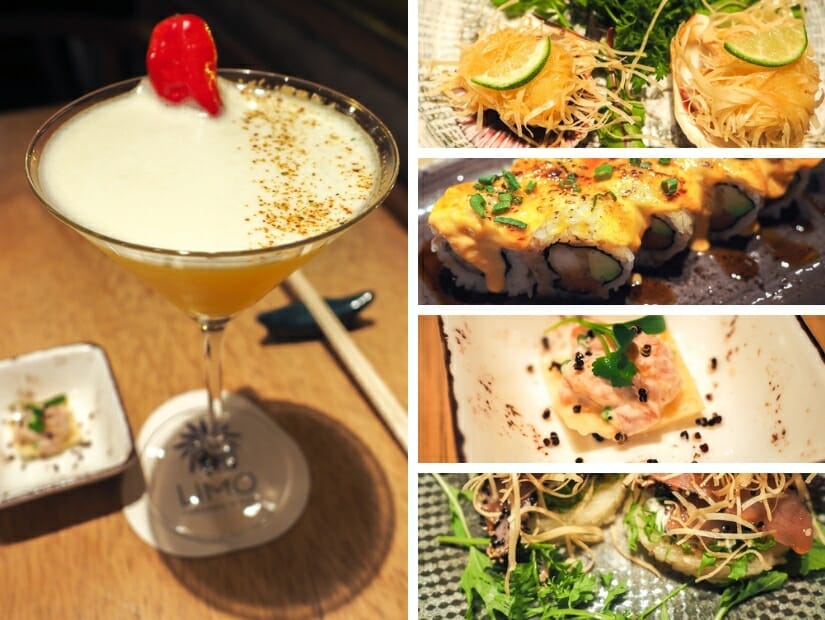 A collage of four different Japanese Peruvian foods and one cocktail and Limi restaurant in Cusco