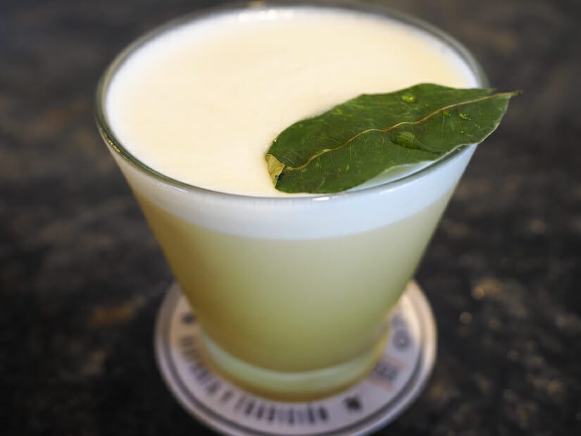 Close up of a pisco sour cocktail with a coca leaf on top