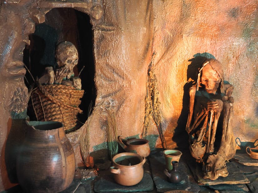Two Inca mummies on display in a museum