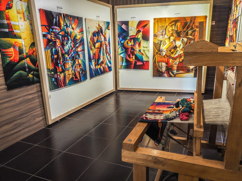Weaving equipment and textiles on display in Maximo Laura museum