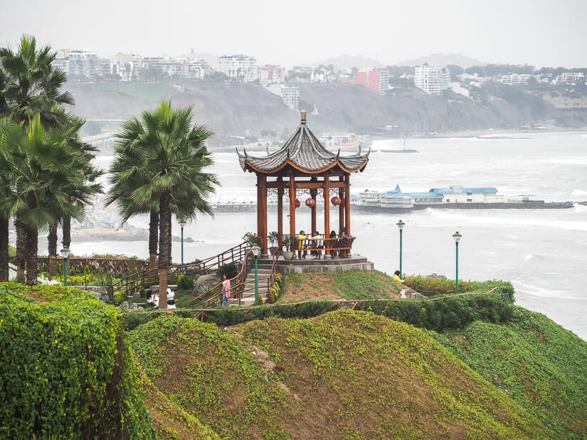 A Chinese pavilion overlooking the sea at Parque Chino on the Malecon in Lima