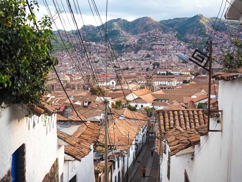 View of Cusco looking down a steep staircase in San Blas