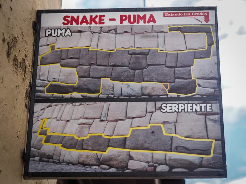 A sign showing the outlines of puma and snake shapes in Inca walls