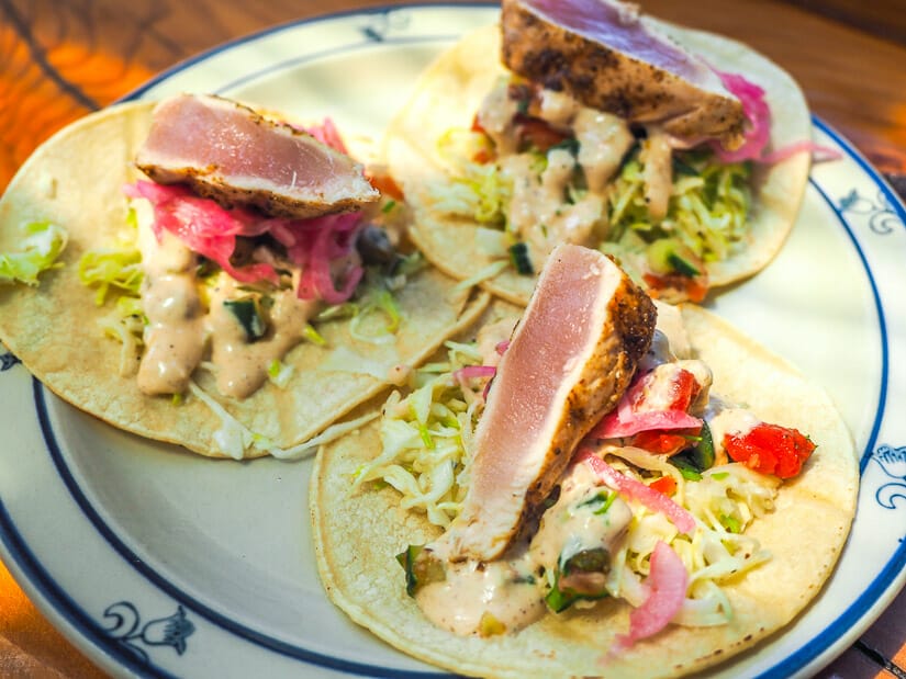 Closed up of seared tuna tacos