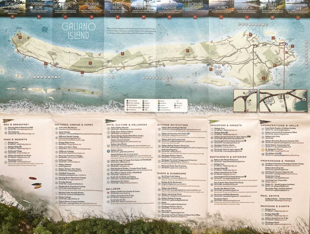 A detailed map of Galiano Island BC with list of businesses and attractions there