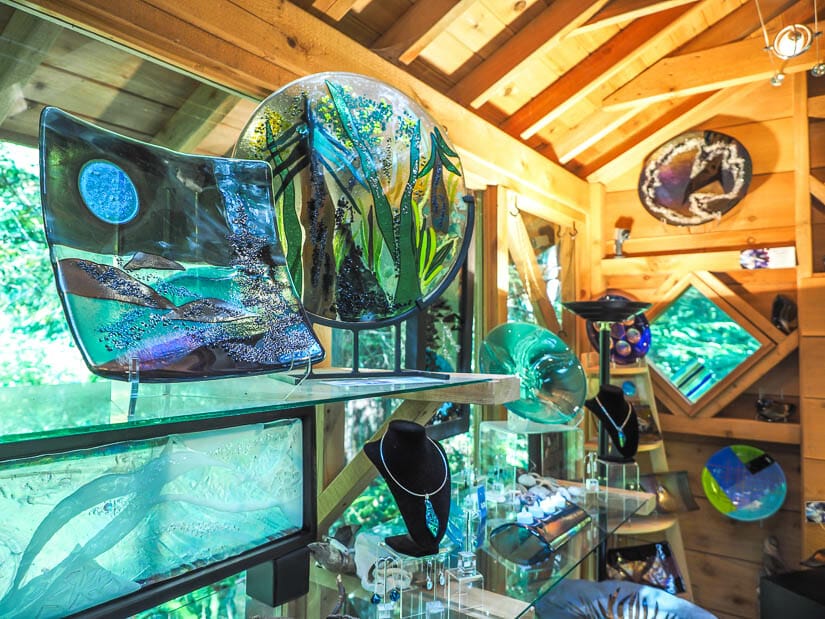 Some glass artworks on display in an artist's studio