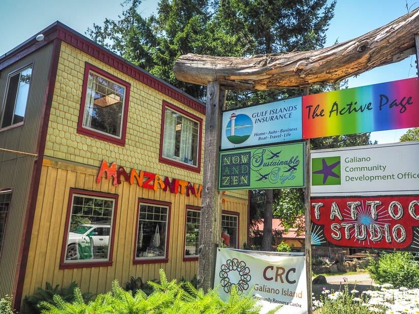 Shop signs and shops at Sturdies Bay in Galiano Island