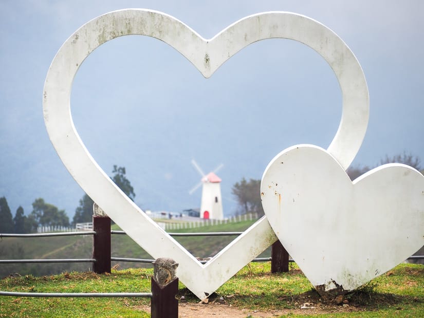 A large white heart sculpture framing a view of a distant white and red windmill