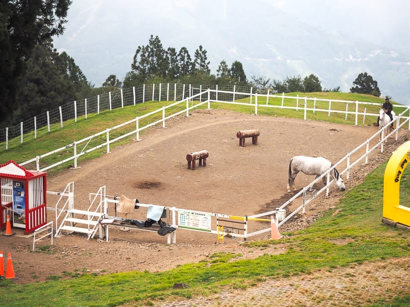 A mostly empty pony pen with one man riding a pony in it