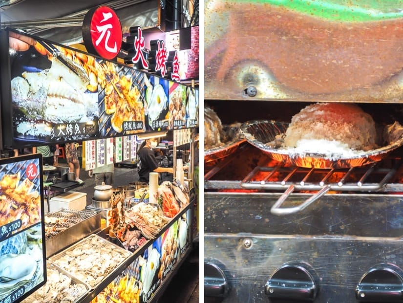 Two images, the one of the left is a food vendor in a night market, with several pictures of the various grilled seafoods for sale, and the left side shows a grill with an aluminum pan in it, holding a fish that is totally encases in a layer of salt