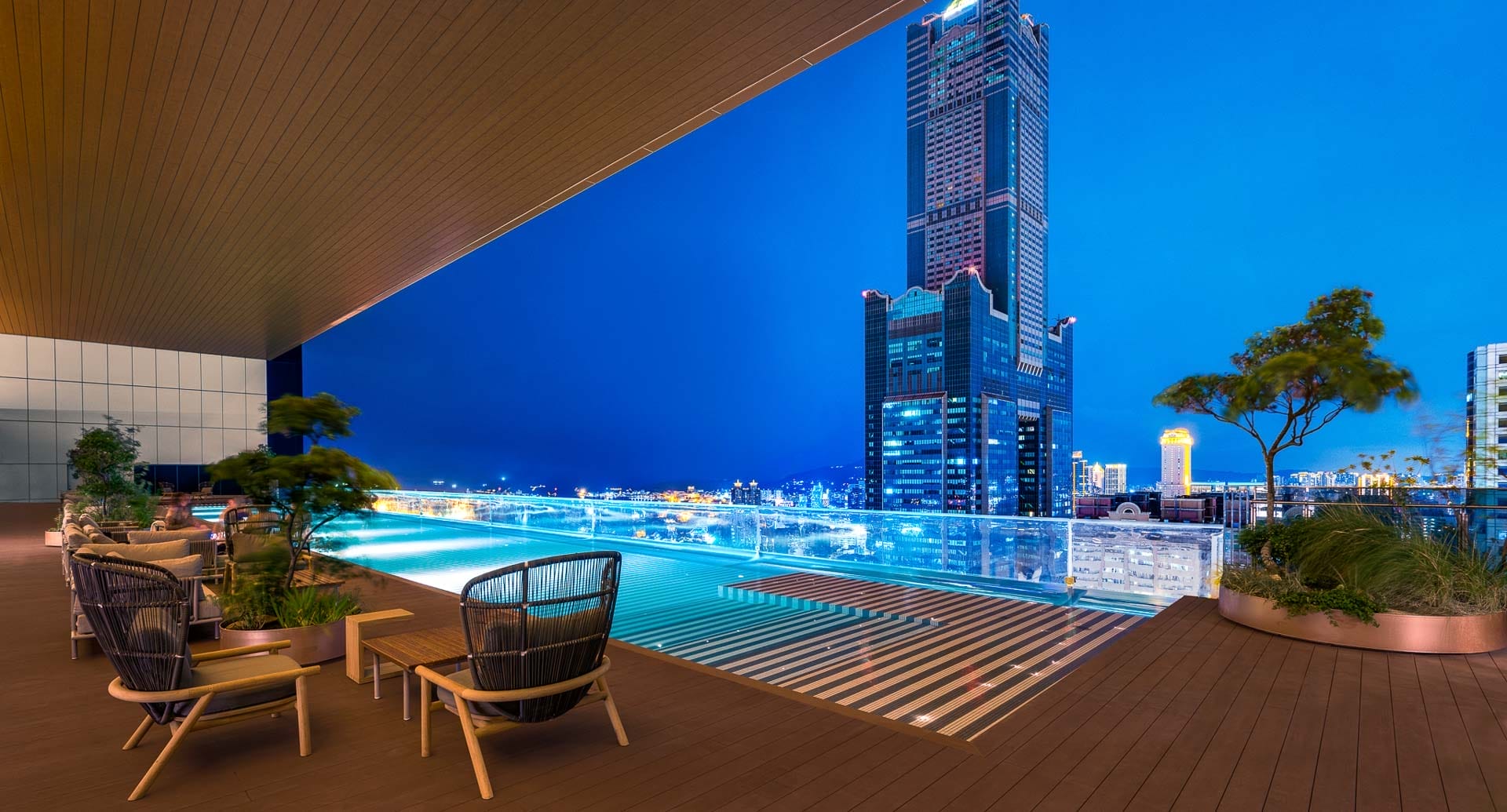 Infinity pool with view of 85 Sky Tower at one of the best hotels in Kaohsiung
