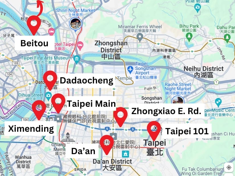 A map of Taipei city showing the best areas to stay