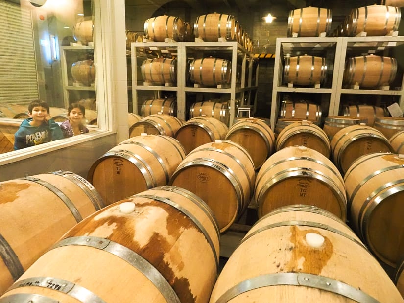 A room full of wine barrels with two kids looking in through a glass window on the side at them