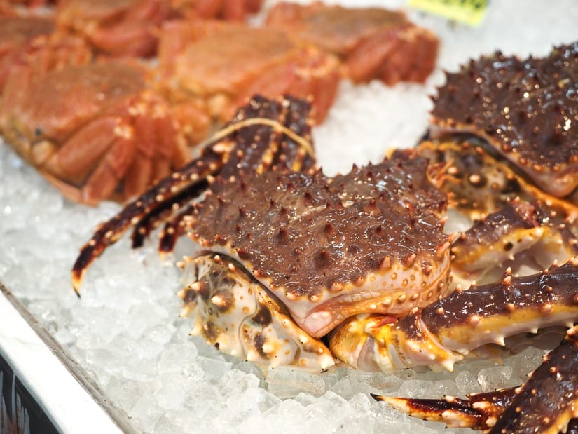Two giant live crabs sitting on ice in a seafood market