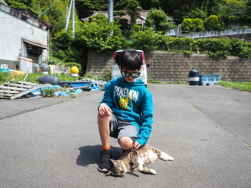 A young boy kneeling down and petting a cat who is lying on the pavement