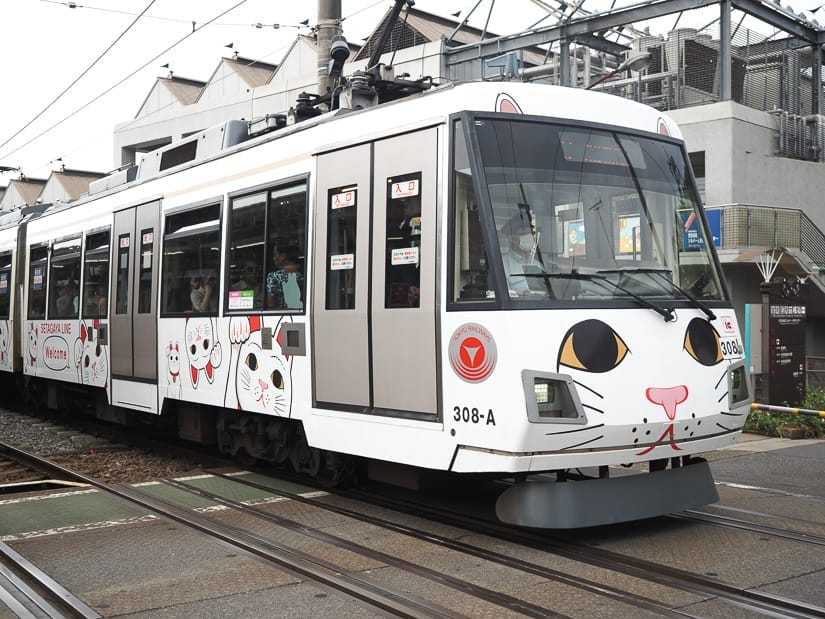 A white LRT with a face like a cat on the front driving down a street level track