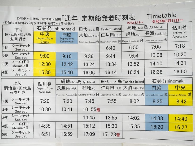 A schedule of all the ferries from Ishinomaki to Tashirojima Cat Island and Aji Island