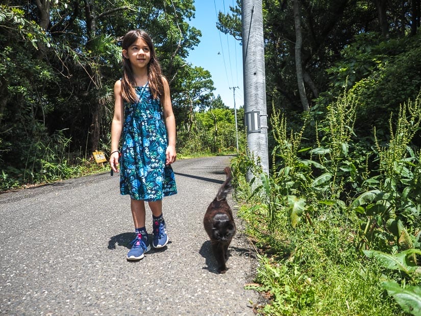 A girl walking beside a black cat down a road.