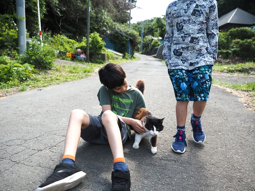 A boy sitting on the road petting a cat, which a girl standing beside them
