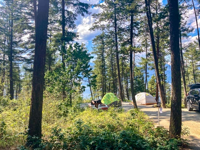 Two tents set up in a campsite in the forest with Okanagan Lake visible through the trees behind