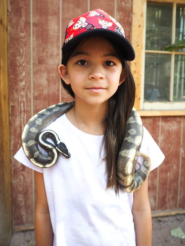 A young girl shot in profile, with a large snake around her neck