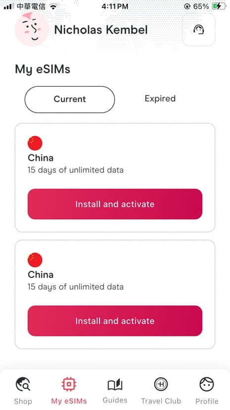 Screenshot of Holafly app page showing a China eSIM with a pink button that says "Install and Activate"