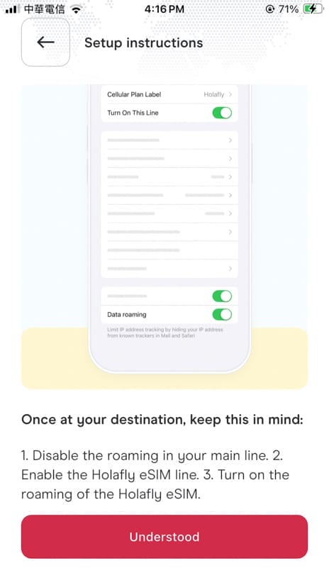 Screenshot of the final step of the installation instructions for a Holafly China eSIM