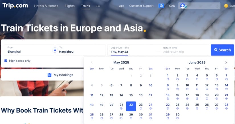 Screenshot of Trip.com website's train booking page, with Shanghai input as departure point, Hangzhou as destination, and a calendar popping up