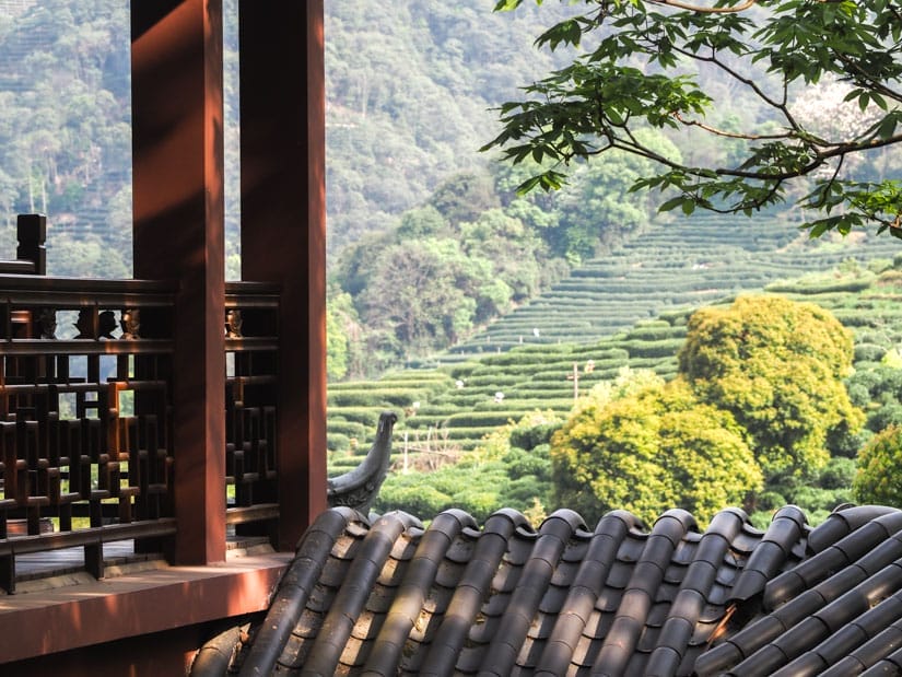 Looking past some Chinese pavilions at hill of tea fields in the distance